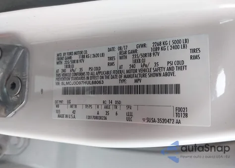 2017 Lincoln Mkc Reserve z USA, uszkodzony, nr VIN 5LMCJ3D97HUL68063